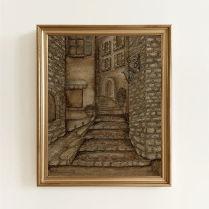 Print of vintage style ink drawing depicting ancient stone buildings in Saint-Paul de Vence, France