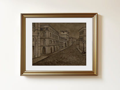 Framed print of ink and watercolour painting of a streetscape in Italy